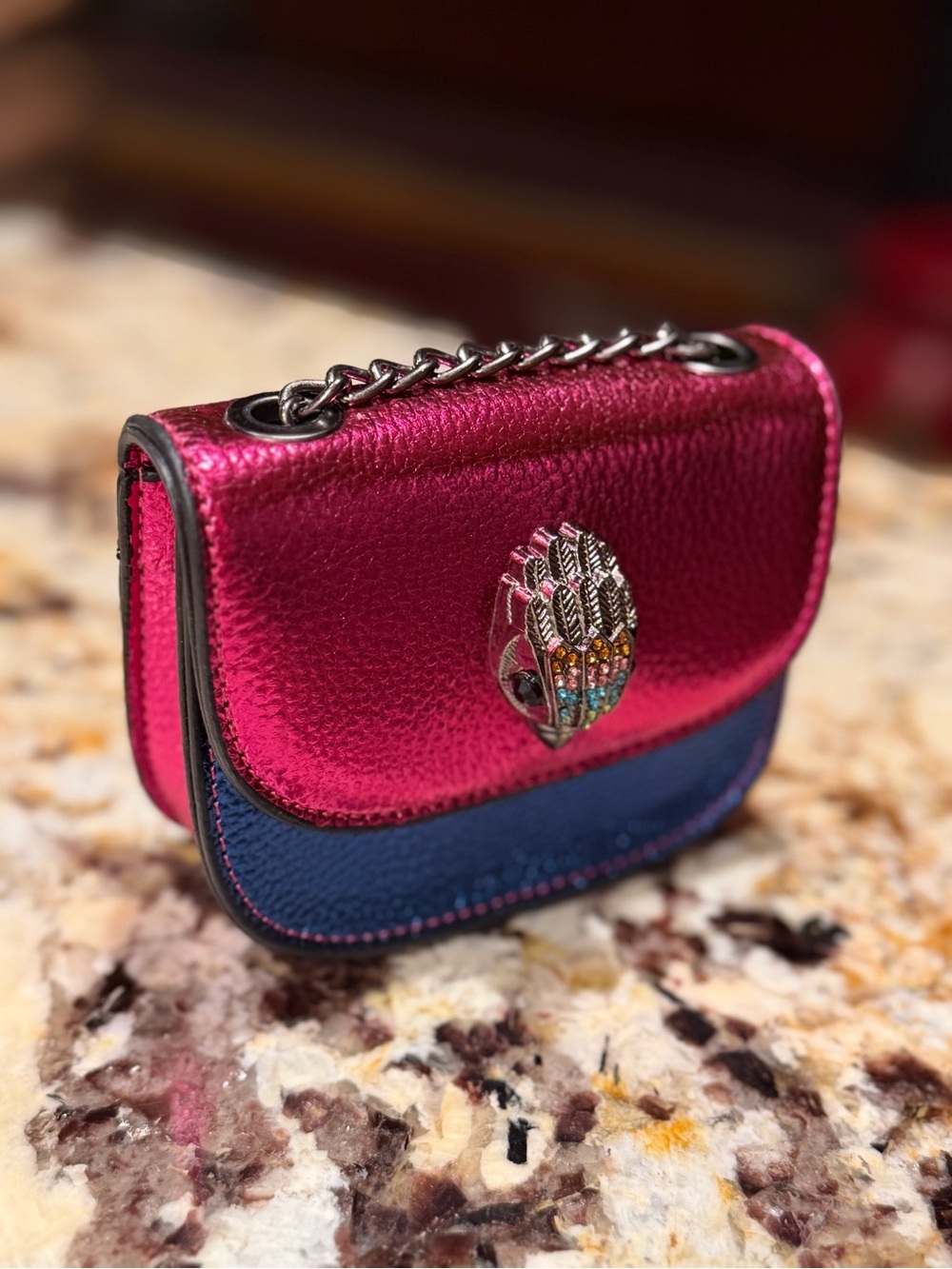 Kurt Geiger Metallic Pink and Blue Mini Crossbody Gunmetal Chain Gem Eagle Head